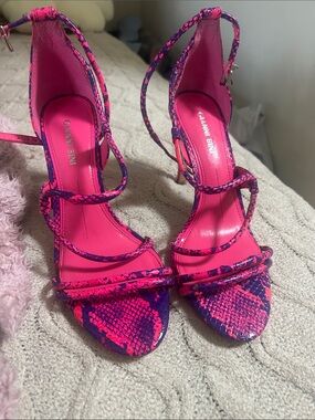 Gianni Bini Neon Pink & Purple Snake-Print Strappy Heels